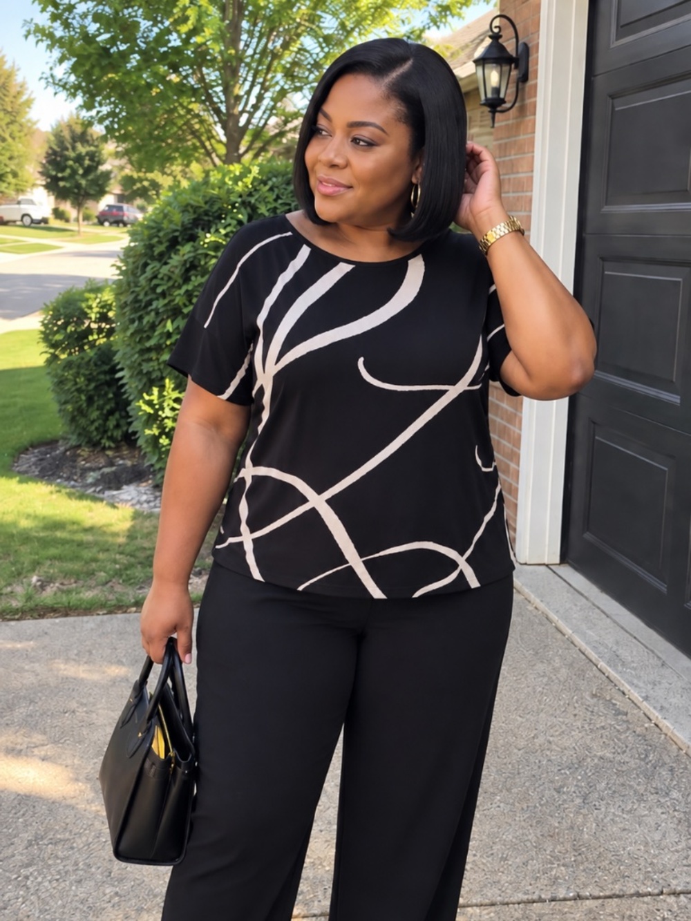 Black Abstract Print Regular-Length Top